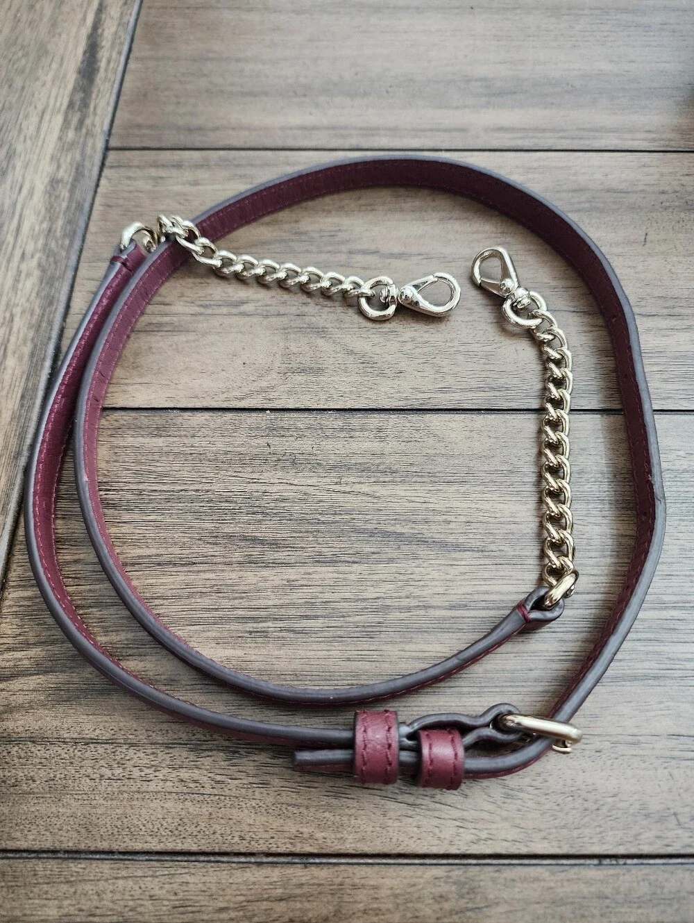 Burgundy Leather Crossbody Strap with Gold Chain 44in Longest